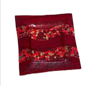 Vintage Fused  Red Glass Dish Wall Art Minimalist Mosaic Detail Signed Arcotex